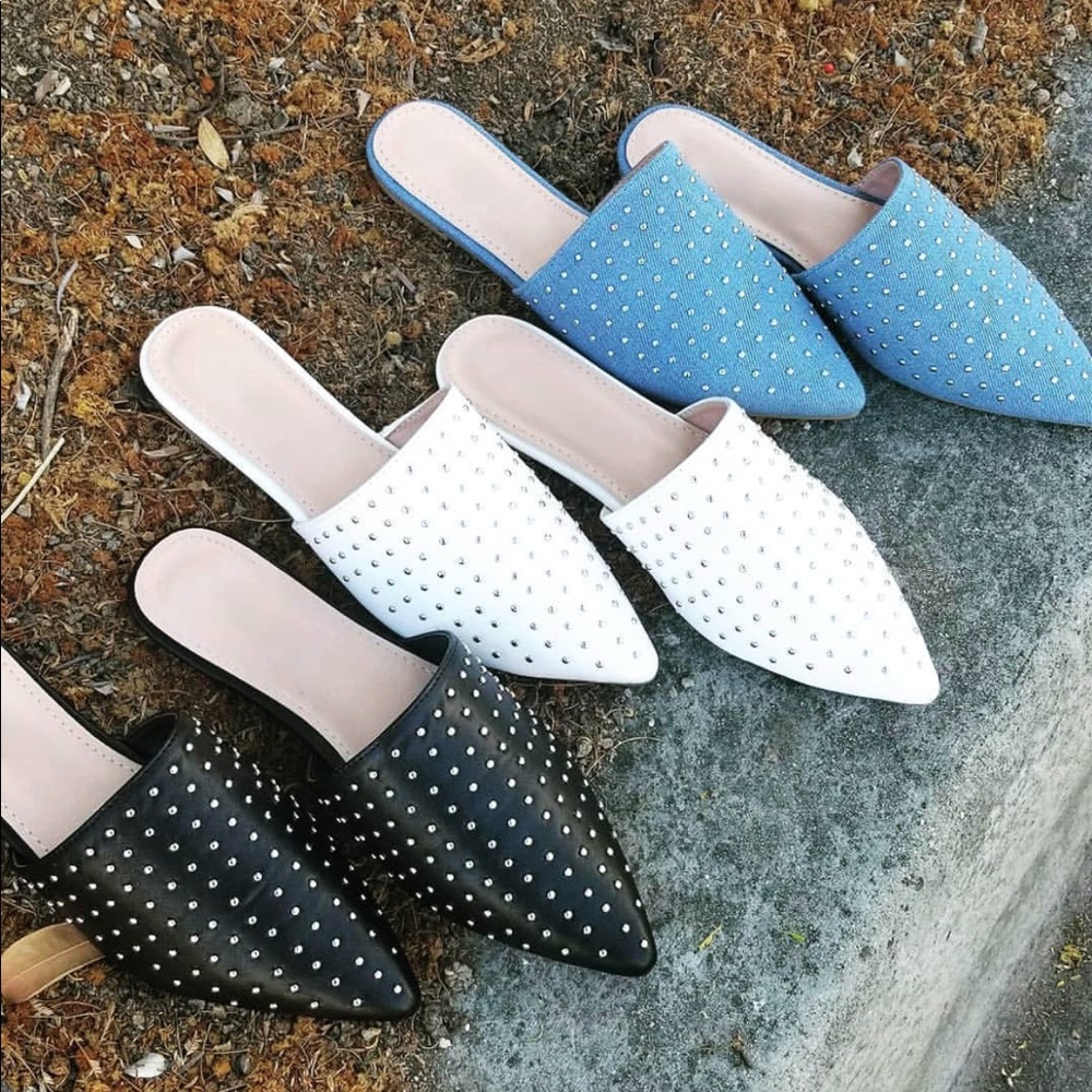 Studded Vegan Leather Pointy Toe Mule Flats Black - Picture 2 of 5